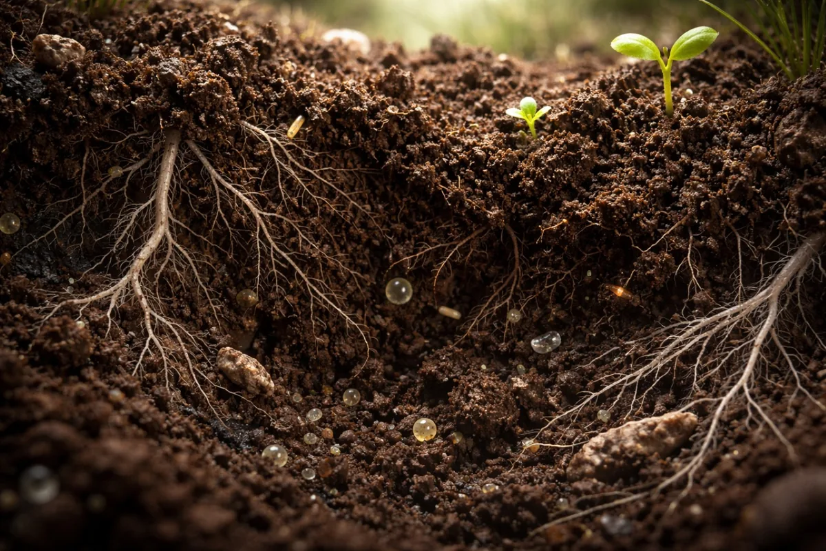 Soil cross-section showing plant roots and biodiversity