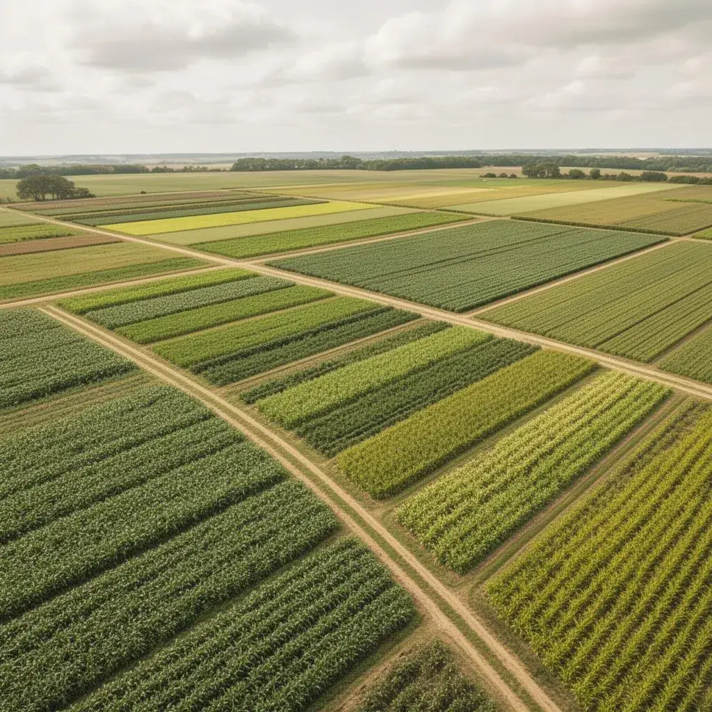 Aerial view of agricultural field trial plots with different crop varieties