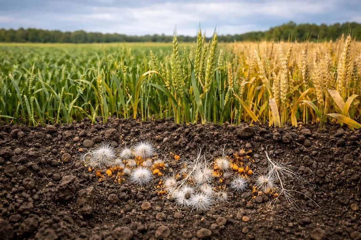 Fungi colonies visible in soil cross-section beneath wheat crops