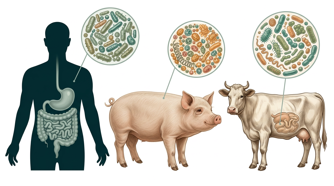 Scientific illustration comparing human, pig and cow gut microbiome composition with magnified bacterial communities