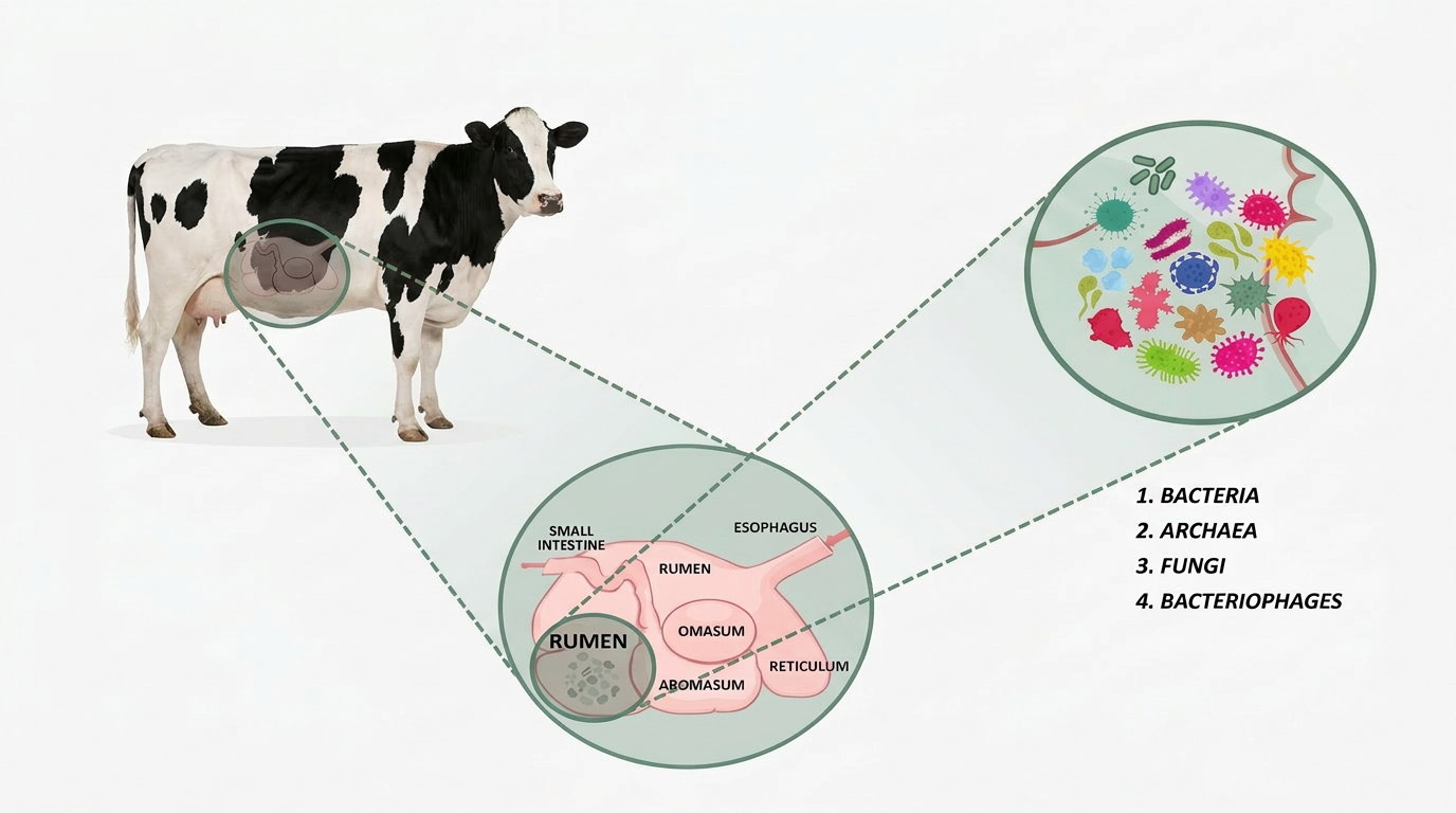Livestock gut microbiome diagram showing rumen, digestive system and microbial communities